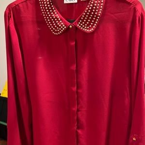Long sleeve button up with gold beaded collar.